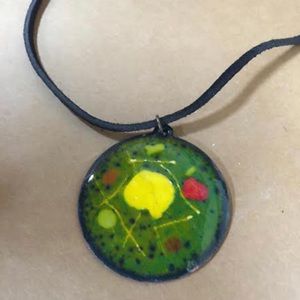 Round copper pendant green w/green/yellow/red frit
